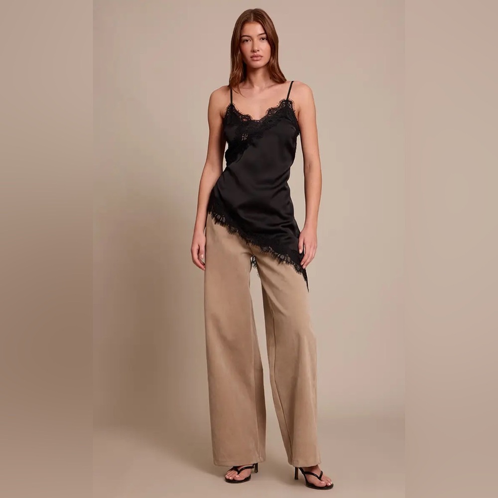 Asymmetrical black satin lace cami top